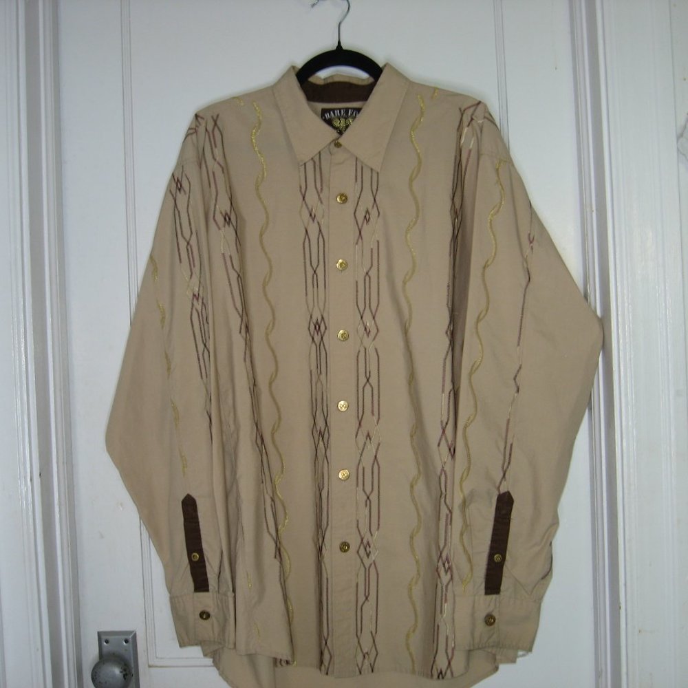 BARE FOX BUTTON DOWN LONG SLEEVE MEN'S SHIRT - SIZE: 2XL - TAN WITH EMBROIDERY